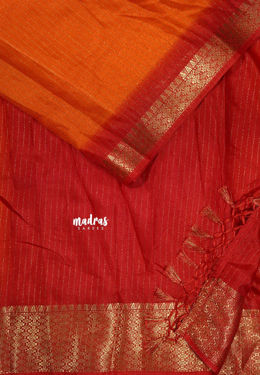 Orange with Red - Premium printed silk zari stripes weaving with zari border