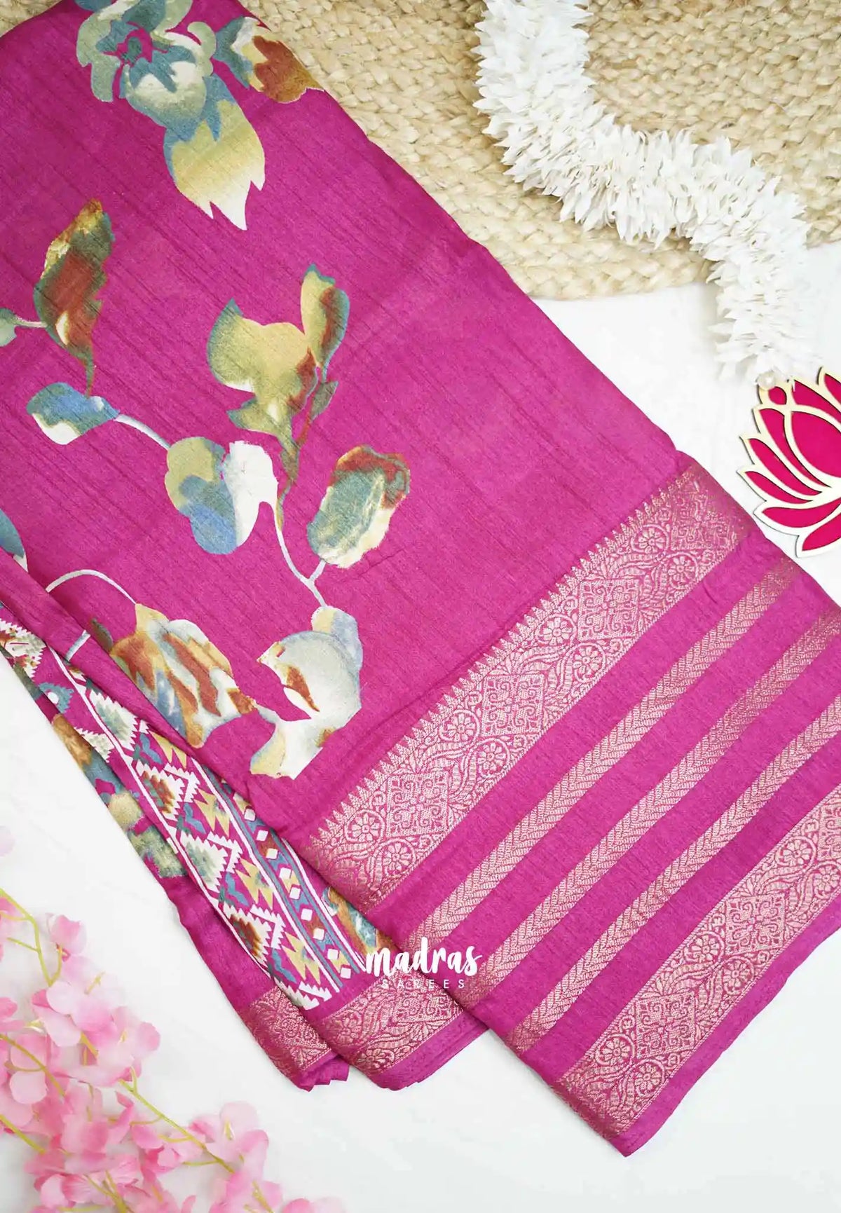 Premium printed silk with retro style border - Magenta pink