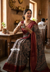 Multicolor with Maroon - Premium Ajrakh Modal Style Printed Silk with Rettapet Rudraksham Border - Best for Small Funtions