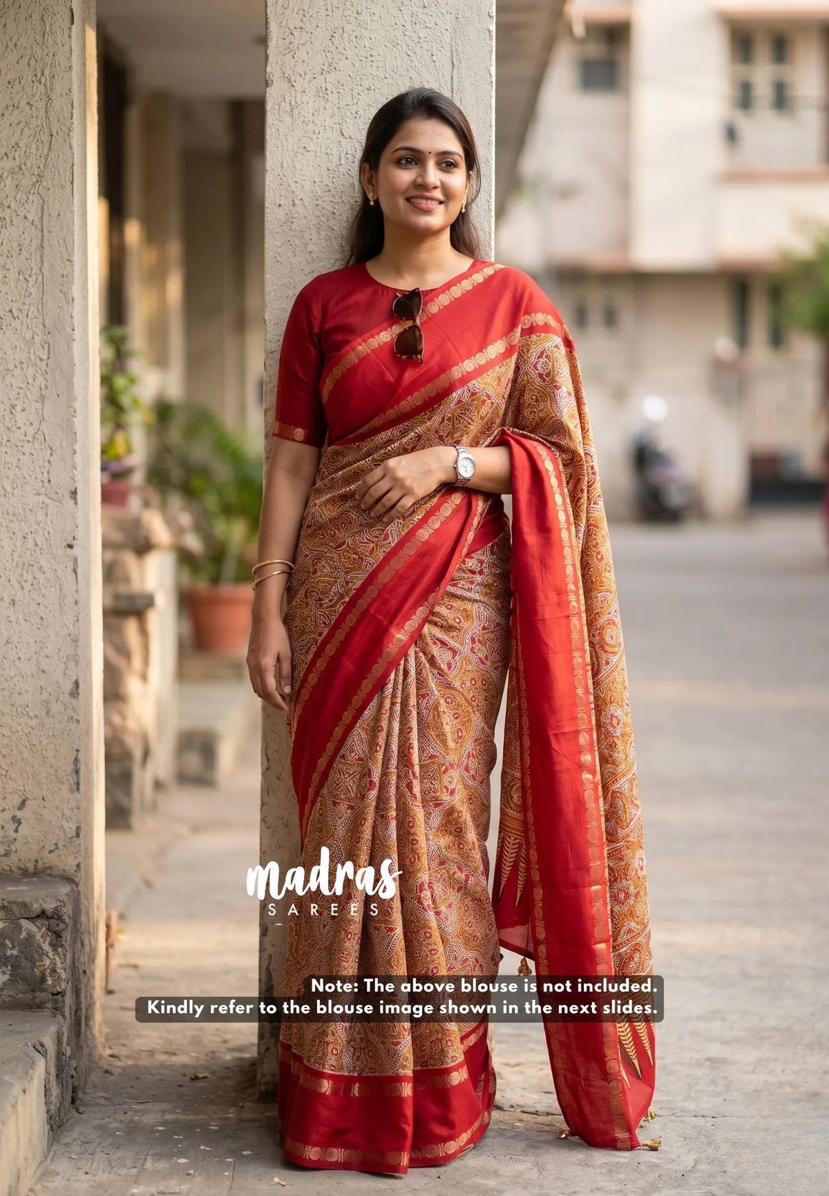 Multicolor with Red - Premium Ajrakh Modal Style Printed Silk with Rettapet Rudraksham Border - Best for Small Funtions