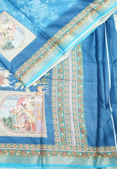 Premium printed silk mugal painting prints Elephants - sky blue
