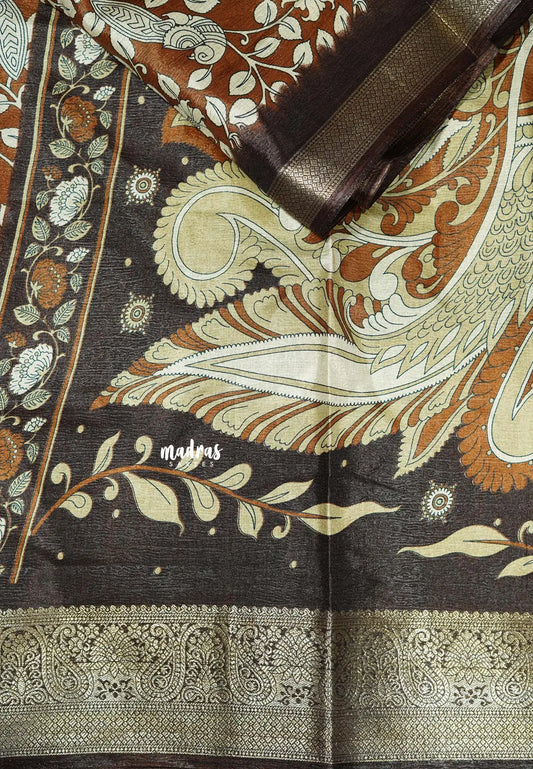 Orange Brown - Premium Printed Silk with Kalamkari prints with Zari Border