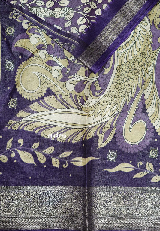 Mystic Purple - Premium Printed Silk with Kalamkari prints with Zari Border