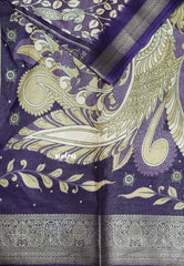 Mystic Purple - Premium Printed Silk with Kalamkari prints with Zari Border