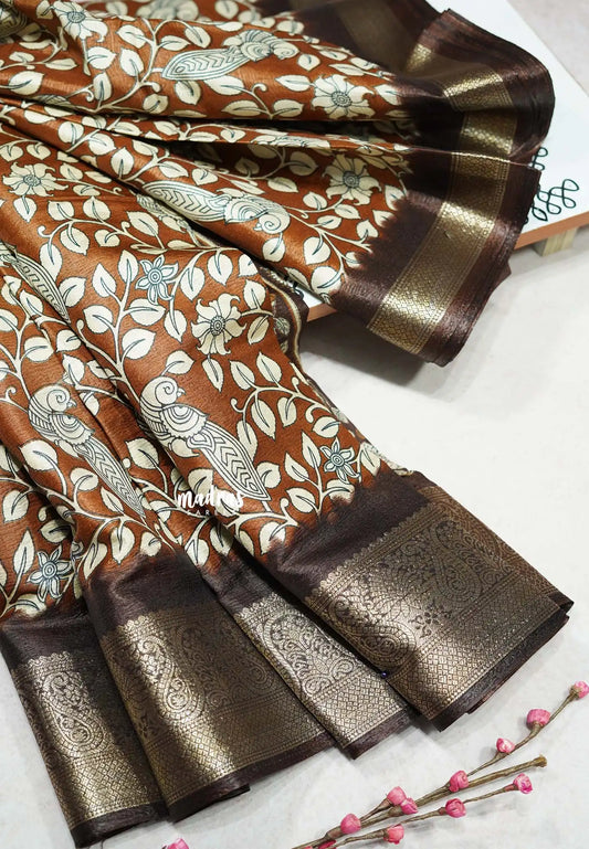 Orange Brown - Premium Printed Silk with Kalamkari prints with Zari Border