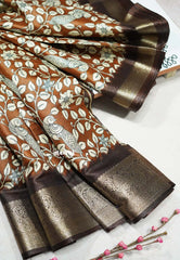 Orange Brown - Premium Printed Silk with Kalamkari prints with Zari Border