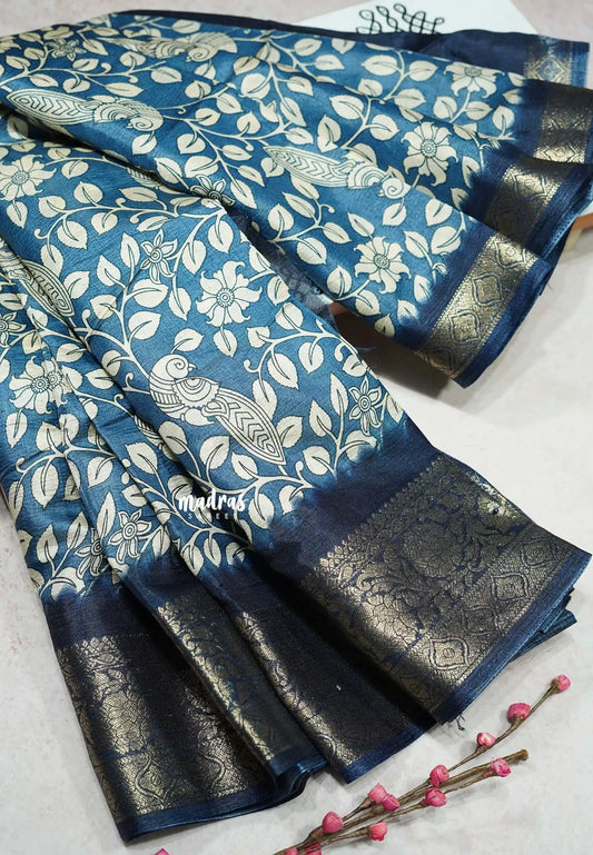 Peacock Blue - Premium Printed Silk with Kalamkari prints with Zari Border