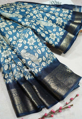 Peacock Blue - Premium Printed Silk with Kalamkari prints with Zari Border