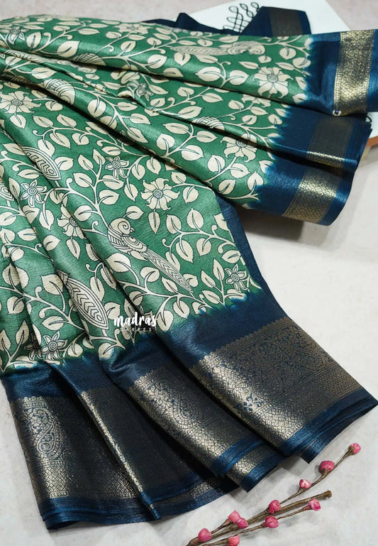 Green - Premium Printed Silk with Kalamkari prints with Zari Border