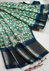 Green - Premium Printed Silk with Kalamkari prints with Zari Border