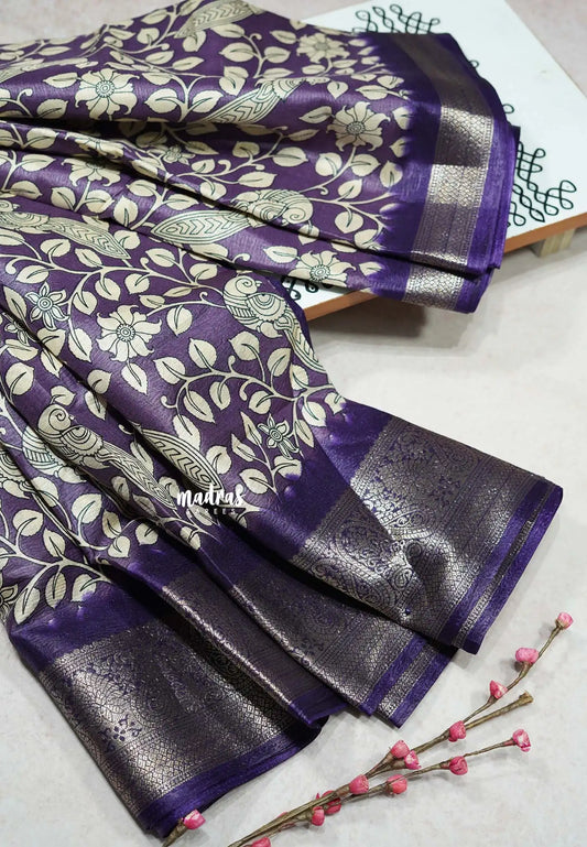 Mystic Purple - Premium Printed Silk with Kalamkari prints with Zari Border