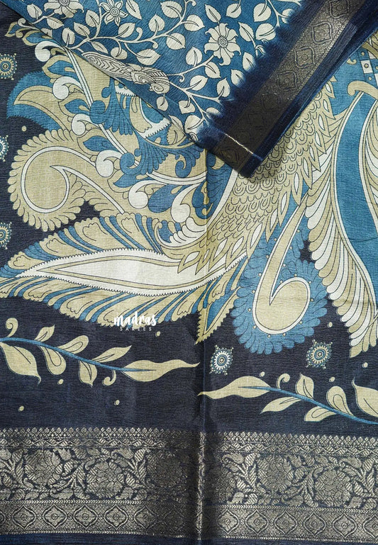 Peacock Blue - Premium Printed Silk with Kalamkari prints with Zari Border