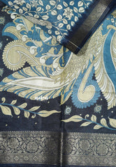 Peacock Blue - Premium Printed Silk with Kalamkari prints with Zari Border