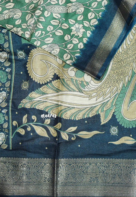 Green - Premium Printed Silk with Kalamkari prints with Zari Border