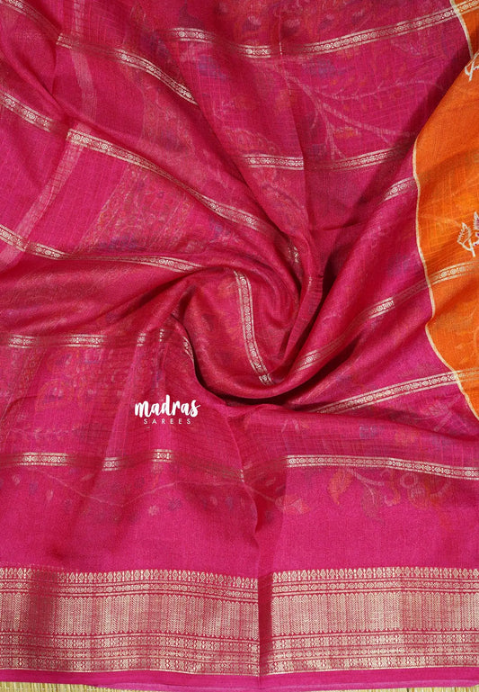 Radiant Orange Mist - Premium Printed Silk with horizontal lines with Kalamkari pallu