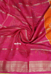 Radiant Orange Mist - Premium Printed Silk with horizontal lines with Kalamkari pallu