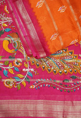 Radiant Orange Mist - Premium Printed Silk with horizontal lines with Kalamkari pallu