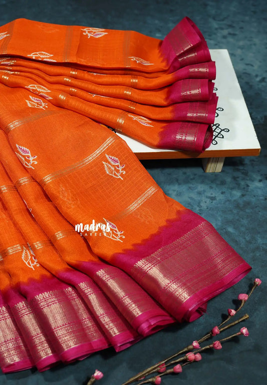 Radiant Orange Mist - Premium Printed Silk with horizontal lines with Kalamkari pallu