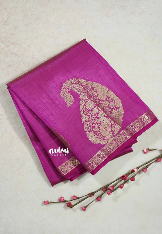 Magenta pink - Raaga - Lightweight Semi tussar saree wtih Mango border