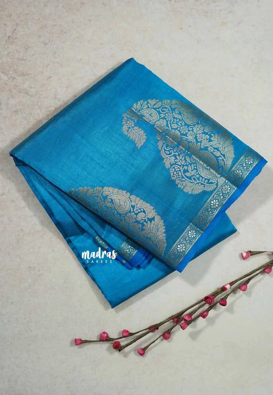 Ananda blue - Raaga - Lightweight Semi tussar saree wtih Mango border