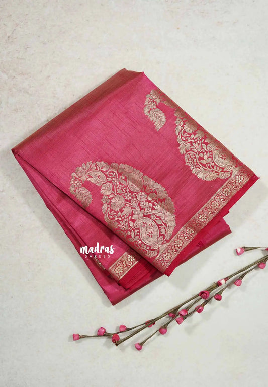Reddish pink - Raaga - Lightweight Semi tussar saree wtih Mango border