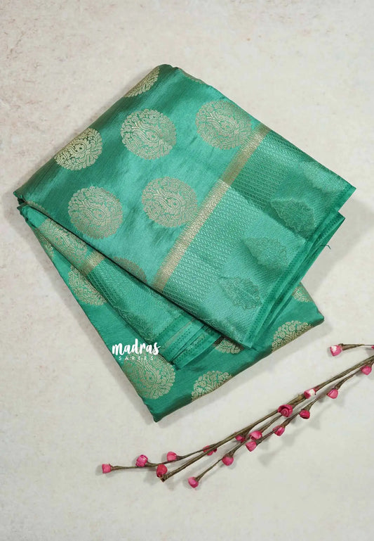 Teal green - Raaga - Lightweight thread border Semi tussar with round buttas