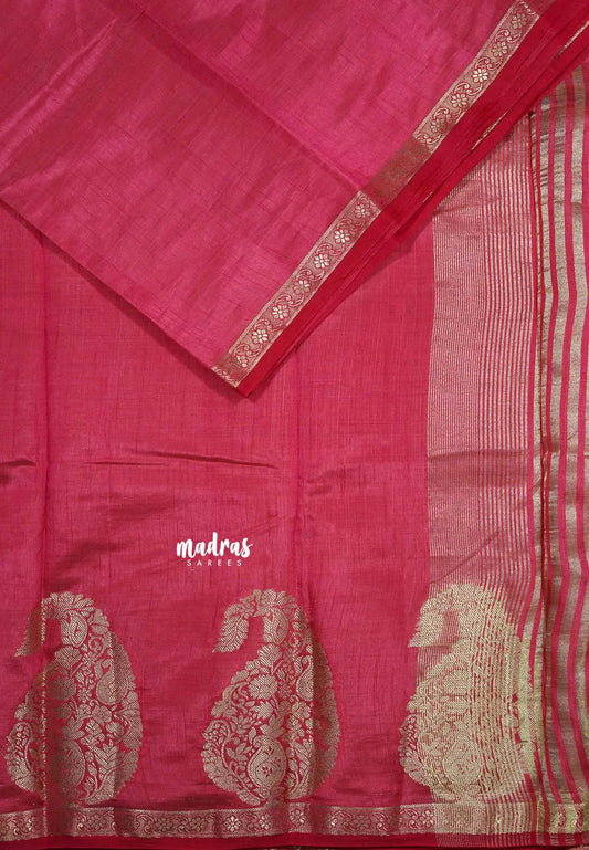 Reddish pink - Raaga - Lightweight Semi tussar saree wtih Mango border