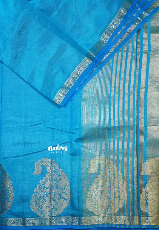 Ananda blue - Raaga - Lightweight Semi tussar saree wtih Mango border