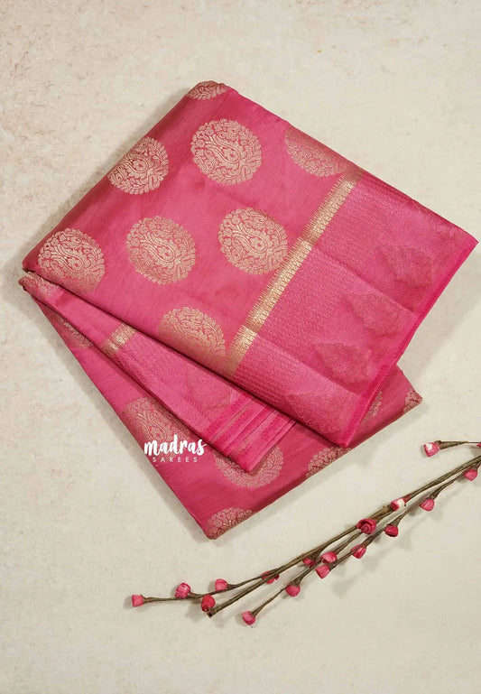 Rose pink - Raaga - Lightweight thread border Semi tussar with round buttas