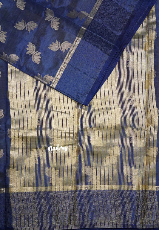 Navy blue - Raaga - Lightweight thread border Semi tussar with floral buttas