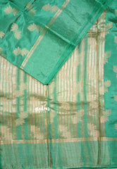 Teal green - Raaga - Lightweight thread border Semi tussar with floral buttas