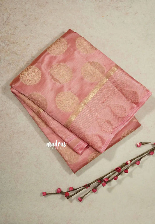 Baby pink - Raaga - Lightweight thread border Semi tussar with round buttas