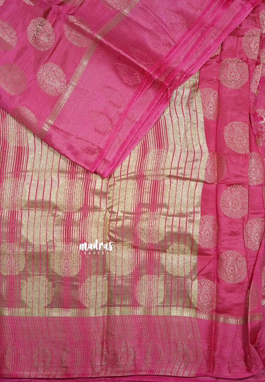 Rose pink - Raaga - Lightweight thread border Semi tussar with round buttas