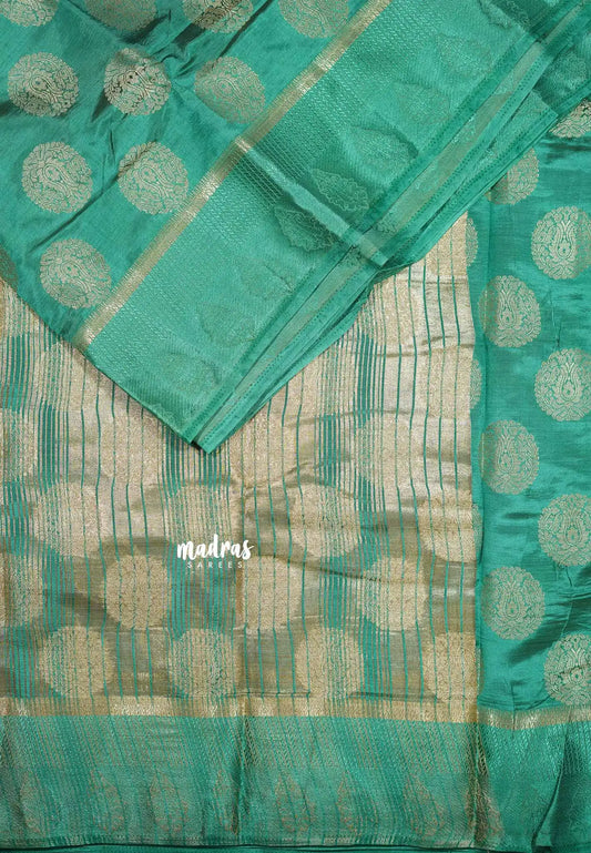 Teal green - Raaga - Lightweight thread border Semi tussar with round buttas