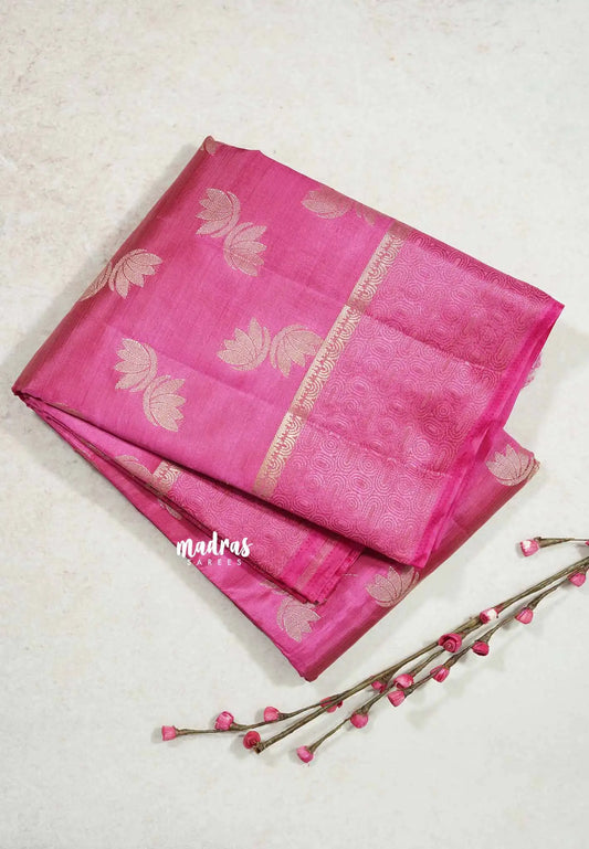 Rose pink - Raaga - Lightweight thread border Semi tussar with floral buttas