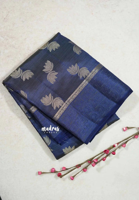 Navy blue - Raaga - Lightweight thread border Semi tussar with floral buttas