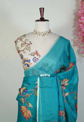 Teal Blue - Premium Kota Silk with Hand Painted Pen Kalamkari Applique Work - Best for Office Wear | Hightea Party
