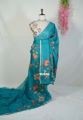 Teal Blue - Premium Kota Silk with Hand Painted Pen Kalamkari Applique Work - Best for Office Wear | Hightea Party