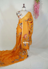 Orangish Yellow - Premium Kota Silk with Hand Painted Pen Kalamkari Applique Work - Best for Office Wear | Hightea Party