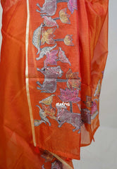 Persimmon Orange with Pichwai - Premium Kota Silk with Hand Painted Kalamkari Applique Work - Best for Office Wear | Hightea Party