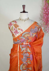 Persimmon Orange with Pichwai - Premium Kota Silk with Hand Painted Kalamkari Applique Work - Best for Office Wear | Hightea Party