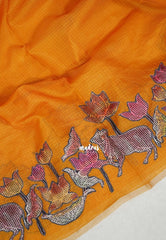 Orangish Yellow with Pichwai - Premium Kota Silk with Hand Painted Kalamkari Applique Work - Best for Office Wear | Hightea Party