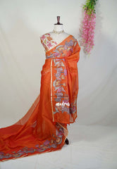 Persimmon Orange with Pichwai - Premium Kota Silk with Hand Painted Kalamkari Applique Work - Best for Office Wear | Hightea Party