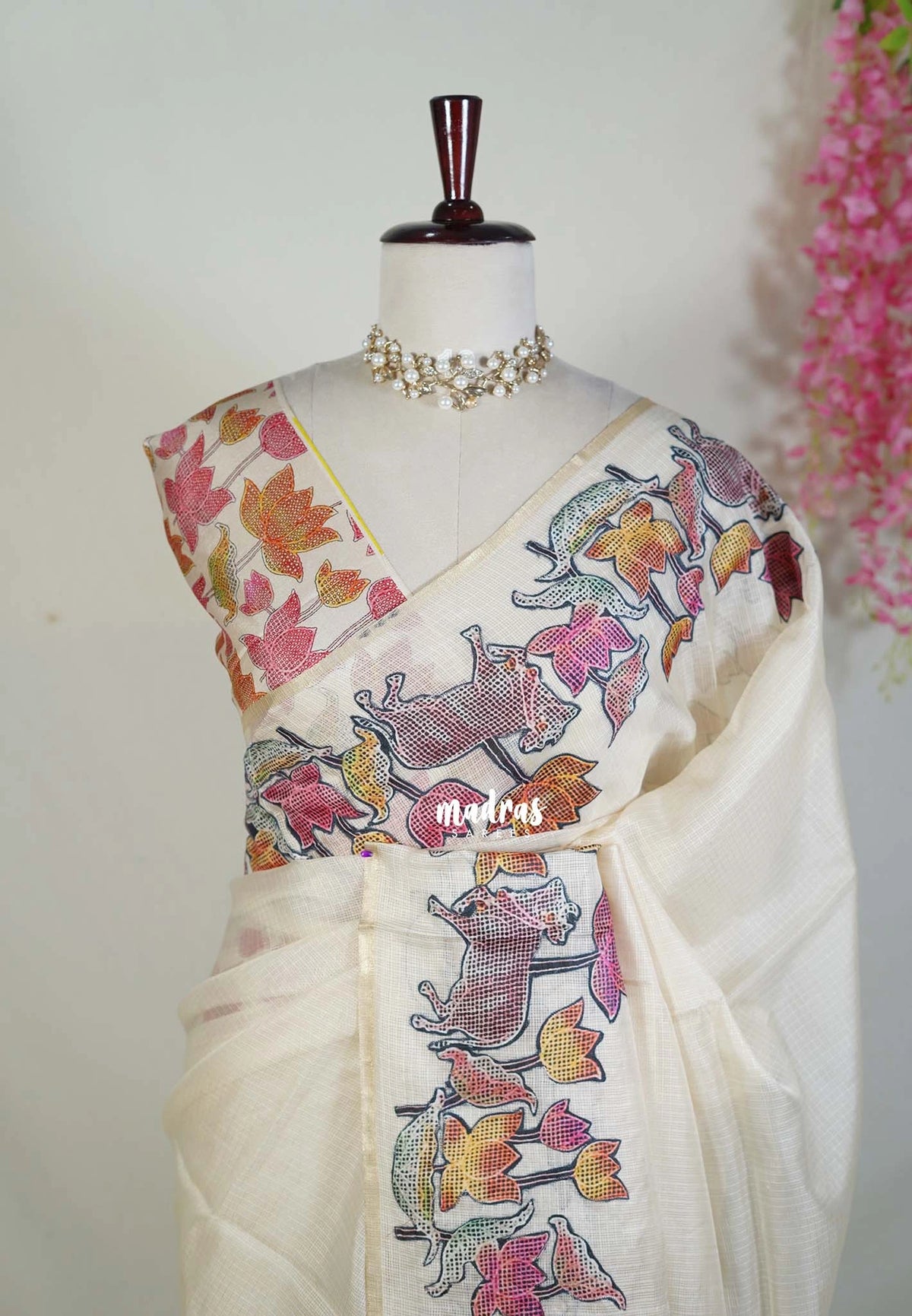 Creamy Ivory with Pichwai - Premium Kota Silk with Hand Painted Kalamkari Applique Work - Best for Office Wear | Hightea Party