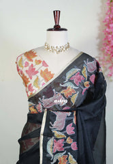 Nightfall Black with Pichwai - Premium Kota Silk with Hand Painted Kalamkari Applique Work - Best for Office Wear | Hightea Party
