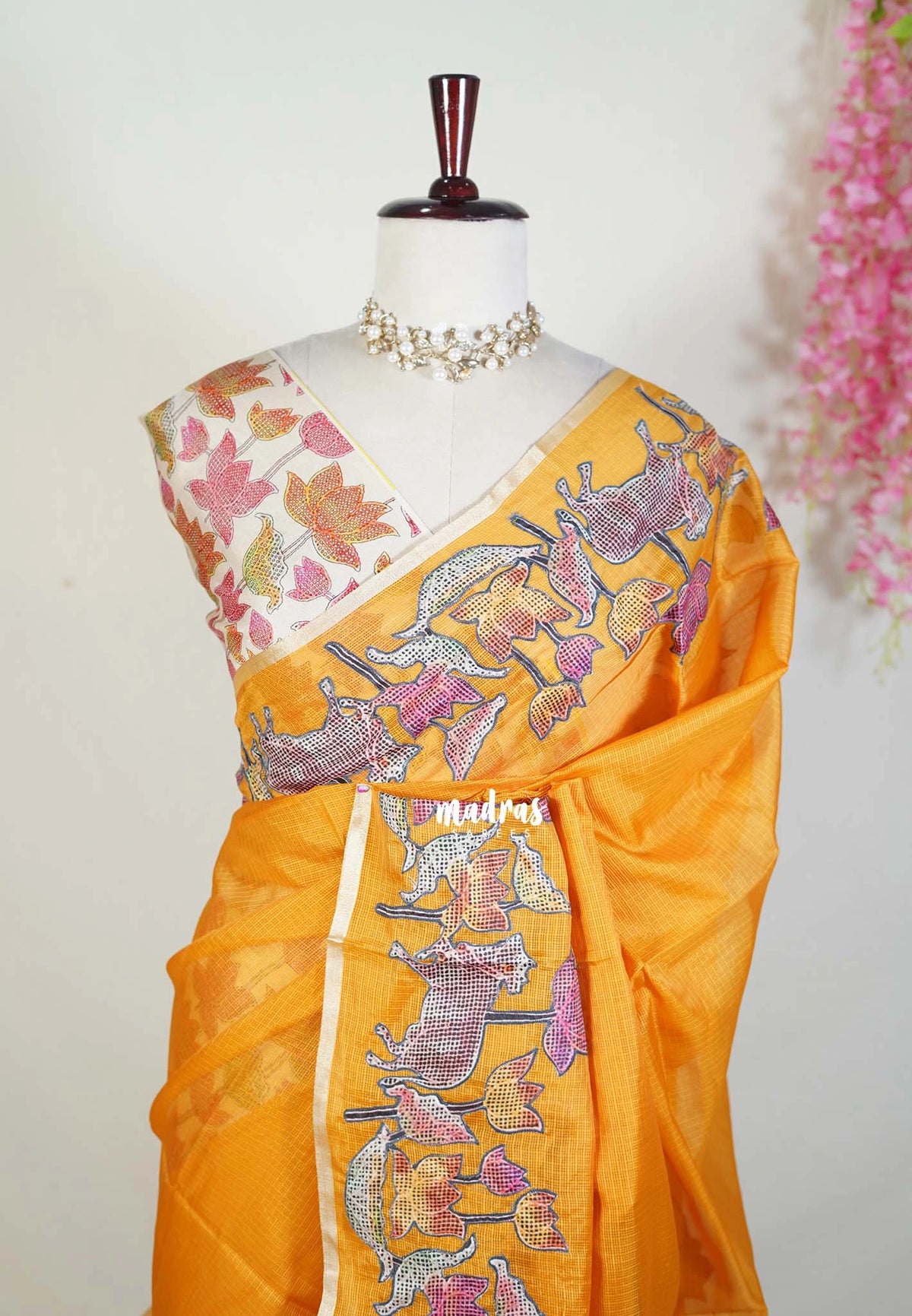 Orangish Yellow with Pichwai - Premium Kota Silk with Hand Painted Kalamkari Applique Work - Best for Office Wear | Hightea Party