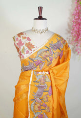 Orangish Yellow with Pichwai - Premium Kota Silk with Hand Painted Kalamkari Applique Work - Best for Office Wear | Hightea Party
