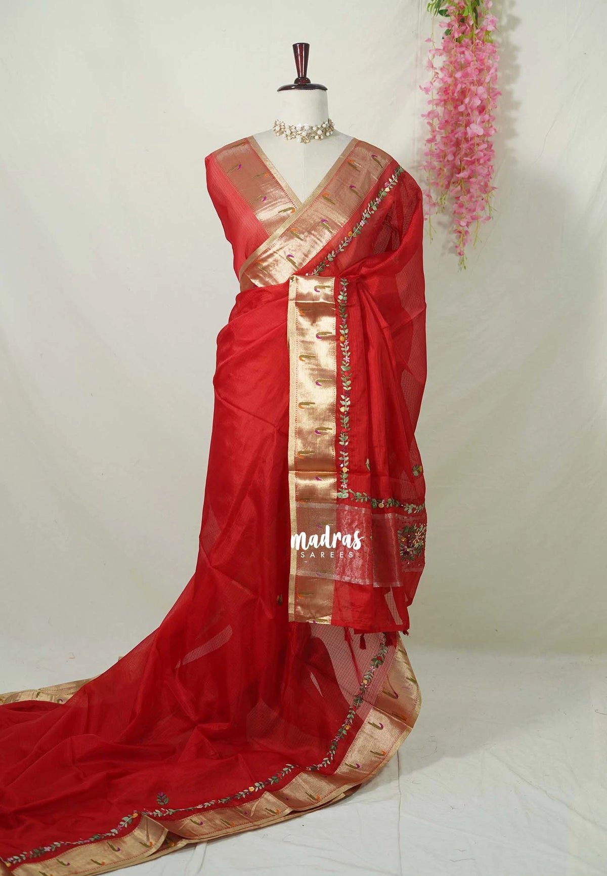 Spicy Red - Shalini - Premium Super Net Saree with Paithani Border Weaving Handstitched Embroidery - Best for Function Wear