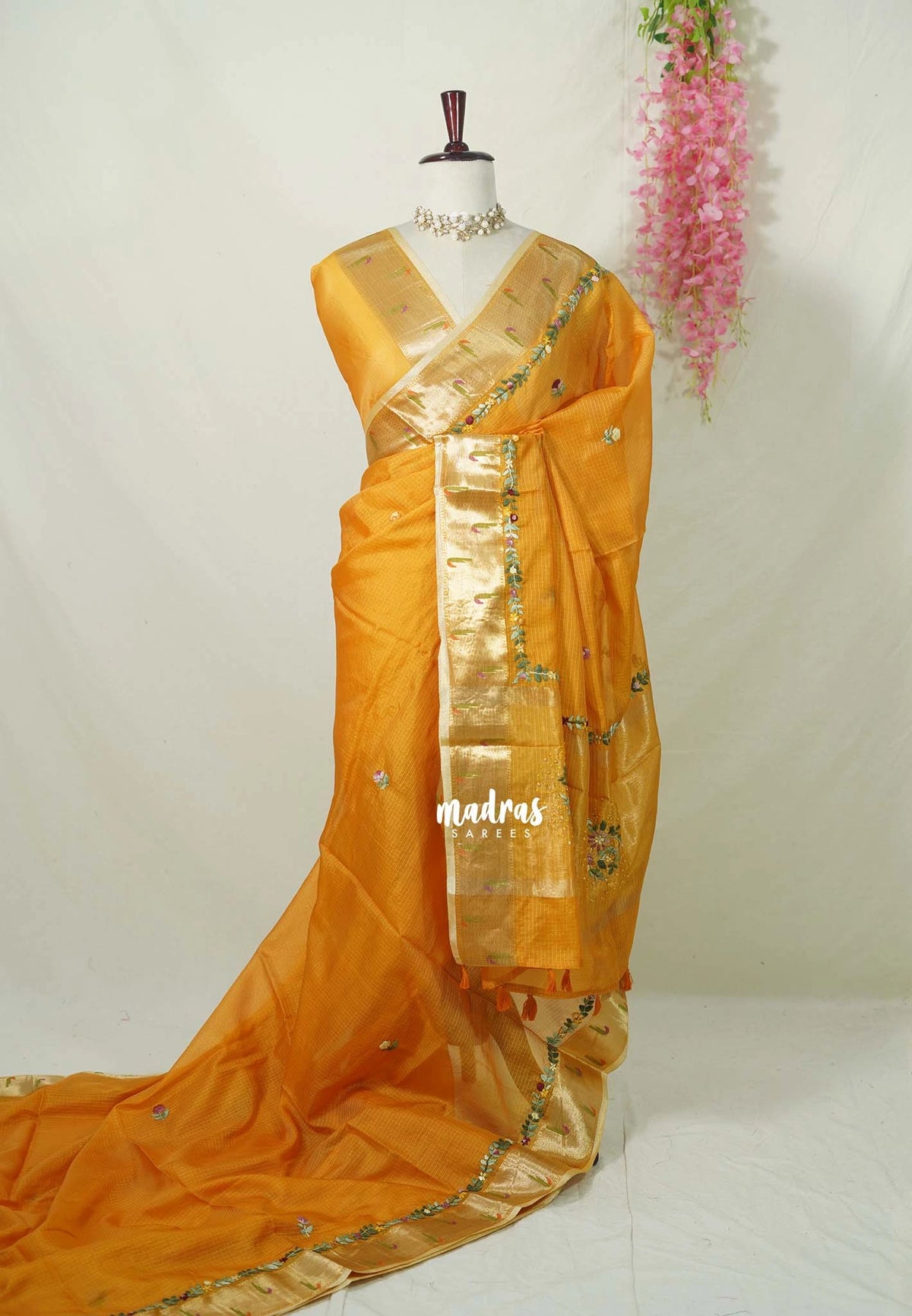 Saffron Yellow - Shalini - Premium Super Net Saree with Paithani Border Weaving Handstitched Embroidery - Best for Function Wear