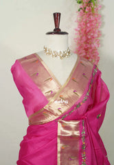 Queen's Pink - Shalini - Premium Super Net Saree with Paithani Border Weaving Handstitched Embroidery - Best for Function Wear